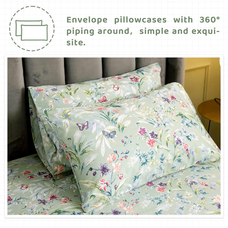 QSH Floral King Size Sheet Sets - Green Flower Bird Butterfly Print Botanical Bedding Egyptian Cotton Printed Sheets King Size Bed Extra Soft and Breathable 17.5" Deep Pockets Bed Sheets 4pcs - Image 4